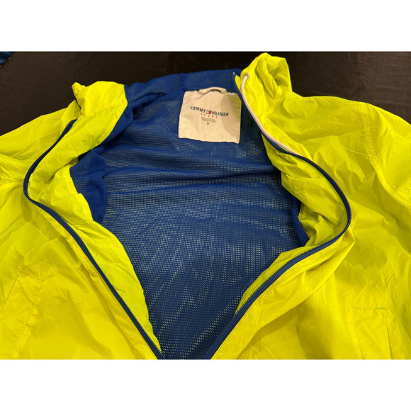 90s Tommy Hilfiger Mens Neon Green Yellow Hooded Windbreaker Jacket M Spell Out - Picture 9 of 13